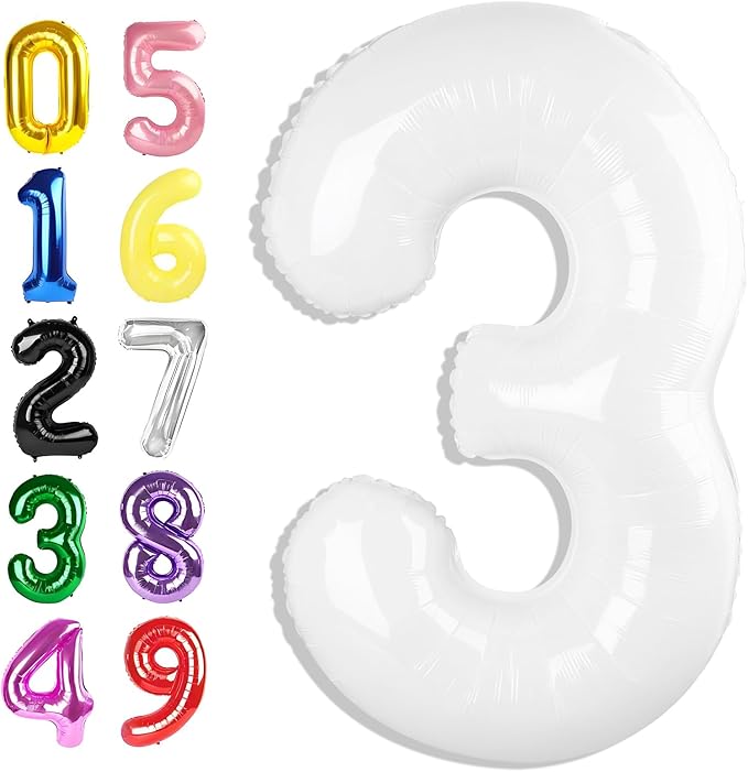 3 Birthday Balloons, 40 Inch 3 Balloon for Birthday Party Decoration, White Number 3 Ballon for 3, 13, 23, 39 Celebration, Men and Women, Wedding, Anniversary Decor
