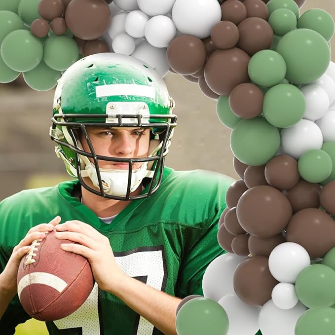 Football Balloon Garland Arch Kit, 122 PCS Sage Green Coffee Brown White Balloons, Football Birthday, Rugby, Sport Party Decorations