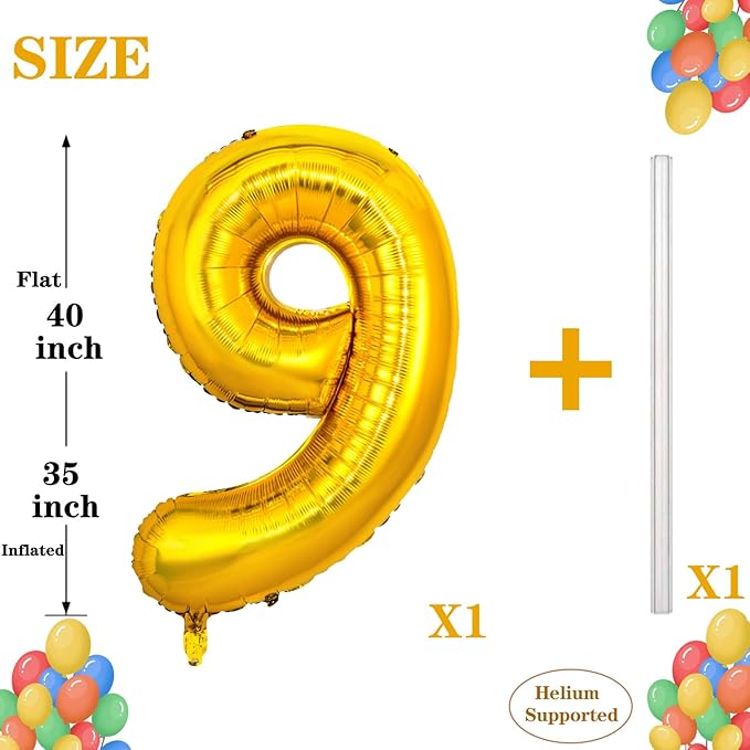 40 Inch Gold Large Numbers Balloons 0-9, Giant Number 9 Digit Helium Balloons Foil Mylar Big Number Balloons for 19 29 39 89 Birthday Party Engagement Wedding Anniversary Supplies Decoration