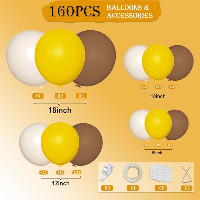 Yellow Brown White Balloon Garland Arch Kit, 160Pcs Latex Balloons Different Size 18 12 10 5 inch for Birthday Bridal Baby Shower Gender Reveal Wedding Retirement Party Decorations