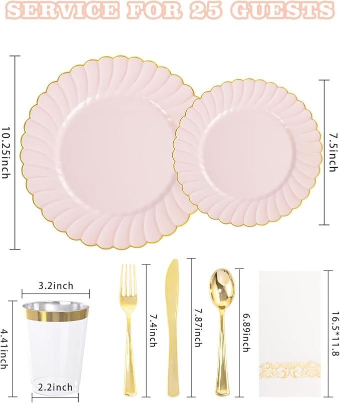 YOUBET 175PCS Pink Scalloped Plastic Plates - Gold Disposable Dinnerware Set Include 50 Plates, 75 Gold Silverware, 25 Cups, 25 Napkins for Party & Wedding & Baby Shower Easter Mothers Day
