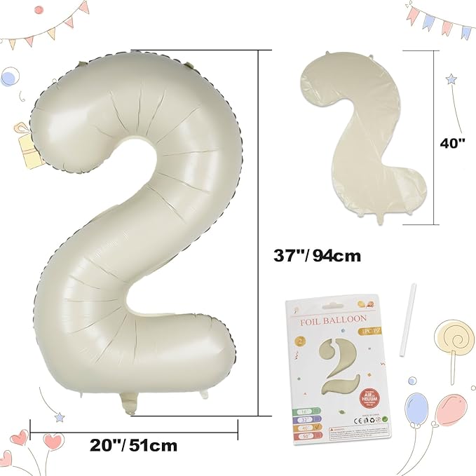 40in Birthday Big Number Balloon - CARGEN Giant Foil Balloons for Women Men Birthday Party Wedding Anniversary Supplies Decorations, Creamy White Two, No.2