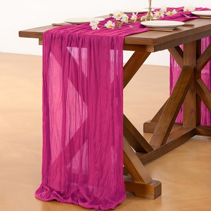 Socomi Fuschia Spring Easter Cheesecloth Table Runner Hot Pink Boho Rustic Gauze 120 inch 10FT Cheese Cloth Runner for Wedding Party Baby Shower Birthday Home Decor