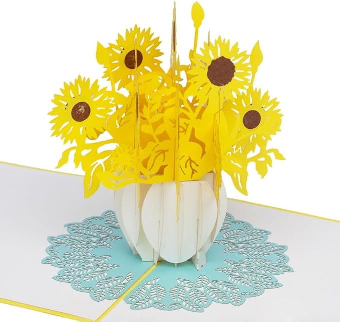 iGifts And Cards Inspirational Sunflowers 3D Pop-Up Card – Sunflower Bouquet in White Vase – Friendship, Thinking of You, Welcome Home, Housewarming, Encouragement Gift – 6 x 6 Handmade Floral Card