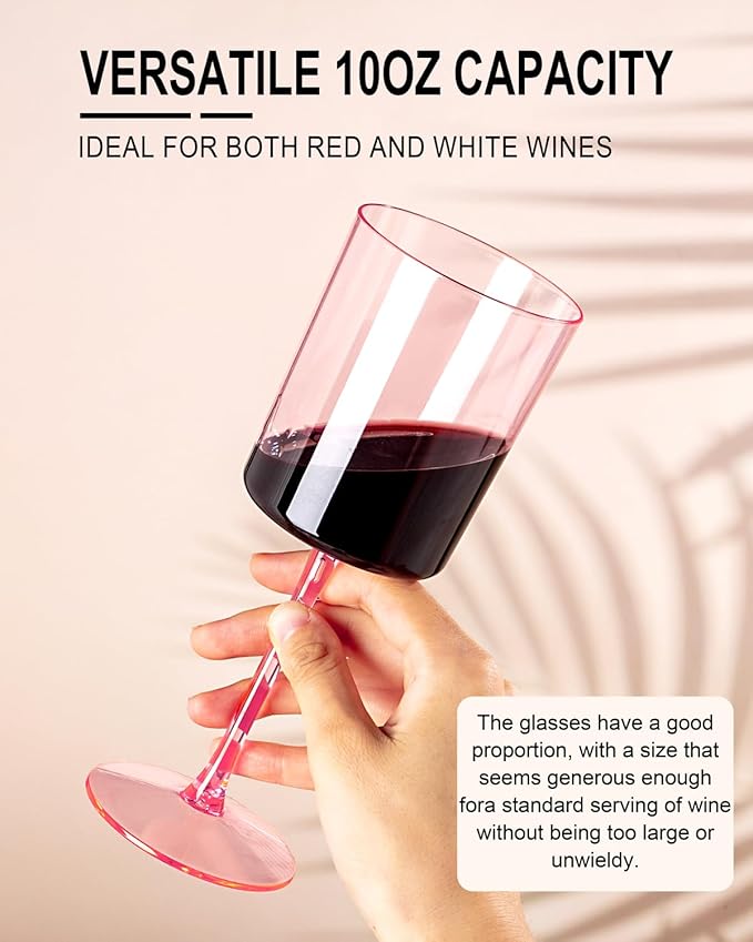 Ciaell 12 Pack Pink Plastic Wine Glasses - 10 Oz Disposable Wine Glasses with Stem for Parties & Weddings & Poolside & Outdoors & Camping & Easter