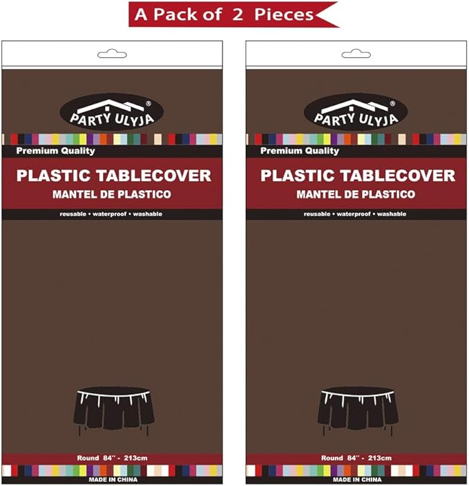 Brown Plastic Tablecloths 2 Pack Disposable Table Covers 84 Inch Circle Bridal Shower Party Tablecovers PEVA Coffee Brown Table Cloths for BBQ Picnic Birthday Wedding Parties 6 ft Round Table Use