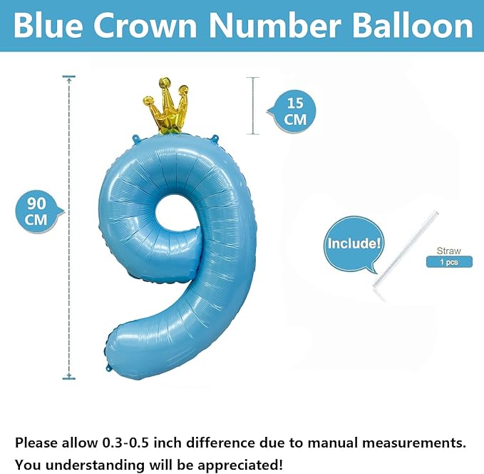 Blue Number 9 Balloon with Crown, 40 inch Blue Number Balloon 9th Birthday Party Decoration BlueCrown Balloons 0-9 for Birthday Party Anniversary Decorations Supplies