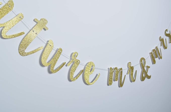 Future Mr & Mrs Banner for Engagement Bridal Shower Bride and Groom Party Decorations Pre-Strung Sign (Gold Glitter)