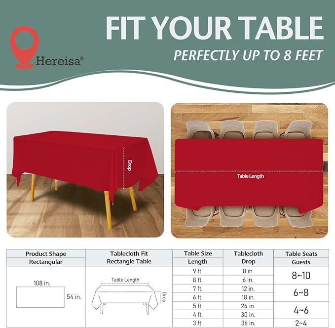 Disposable Plastic Tablecloth 54x108 Inch Rectangle - Red, 4 Pack Waterproof & Tear-Resistant Party Table Cover for Dining, Picnic, Crafts, Holiday Decor