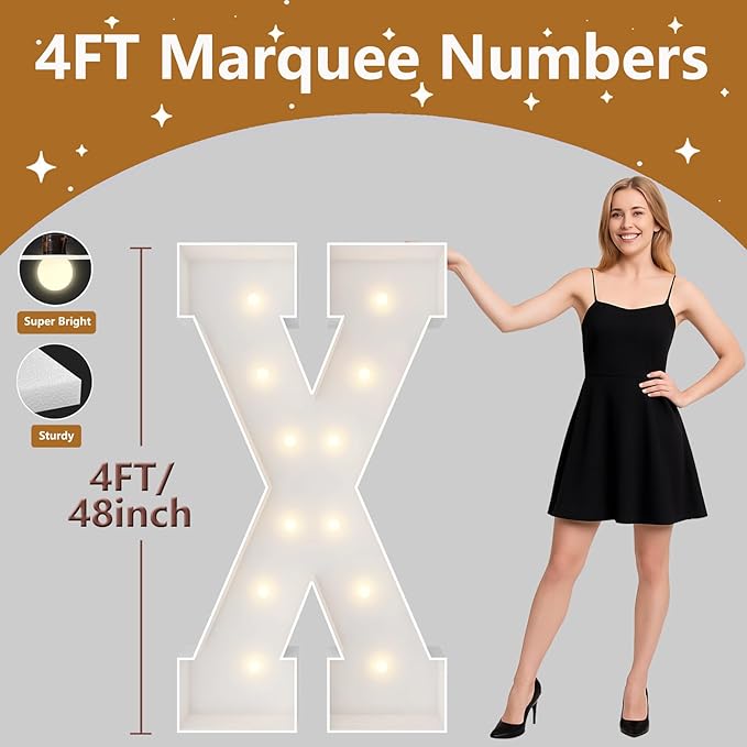 4FT Marquee Light Up Letters, Large Marquee Letters, Pre-cut Foam Board Letter X for Engagement Wedding Decorations Birthday Party Backdrop Decor, Balloon Arch Kit