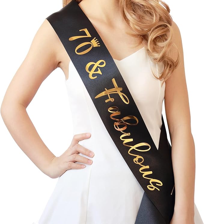 70th Birthday Sash for Women and Men 70&Fabulous Sash Black with Gold Foil Lettering