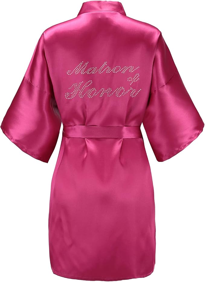 EPLAZA Women's One Size Silver Rhinestones Bride Bridesmaid Short Satin Robes for Wedding Party Getting Ready