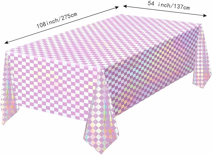 1 Pack Pink and Iridescent Checkered Tablecloth Shiny Disposable Holographic Foil Table Cloth Plastic Laser Rectangle Table Cover for Picnic Birthday Party Race Car Tablecloth