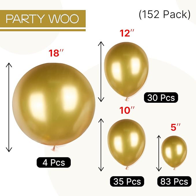 PartyWoo Gold Balloons 152pcs Different Sizes of 18 12 10 5 Inch Gold Balloon Arch Kit Garland for Birthday Wedding Anniversary Baby Shower Graduation Retirement Casino Party Decorations Gold-G101