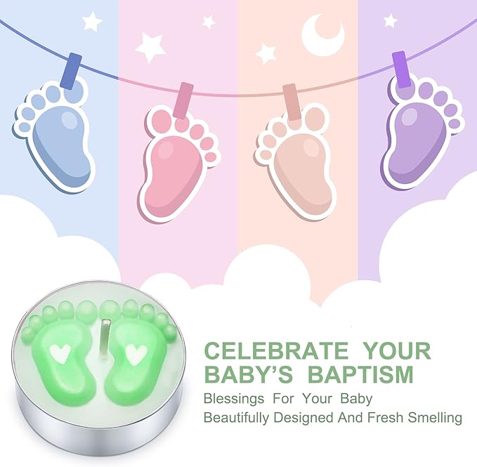 Treela 20 Sets Baby Shower Party Favors Green Tea Lights Candles with Organza Bag for Guests Cute Feet Shaped Burning Thank You Tags Return Gifts Keepsakes for Baby Shower Gender Reveal Party
