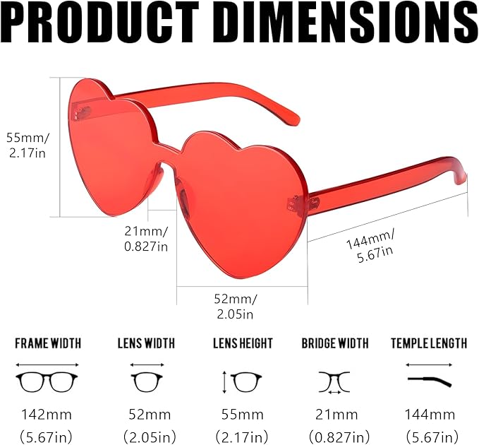 YQVIE 20 Pack Heart Shaped Sunglasses One Piece Candy Color Rimless Glasses for Women Bachelorette Party Supplies