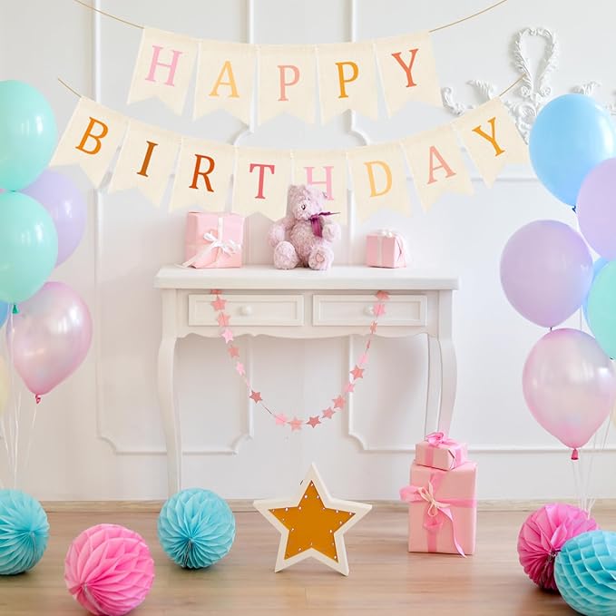 Doumeny Happy Birthday Burlap Banner Boho Birthday Bunting Garland Pink Bohemian Sign Flag White Birthday Hanging Banner Pastel Rainbow Party Decor for Home Mantel Fireplace Nursery Party Backdrop