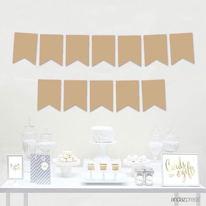 Andaz Press Hanging Pennant Banner with String, Tan, 1-Set, 24 Pennants, Approx. 12-Feet Long