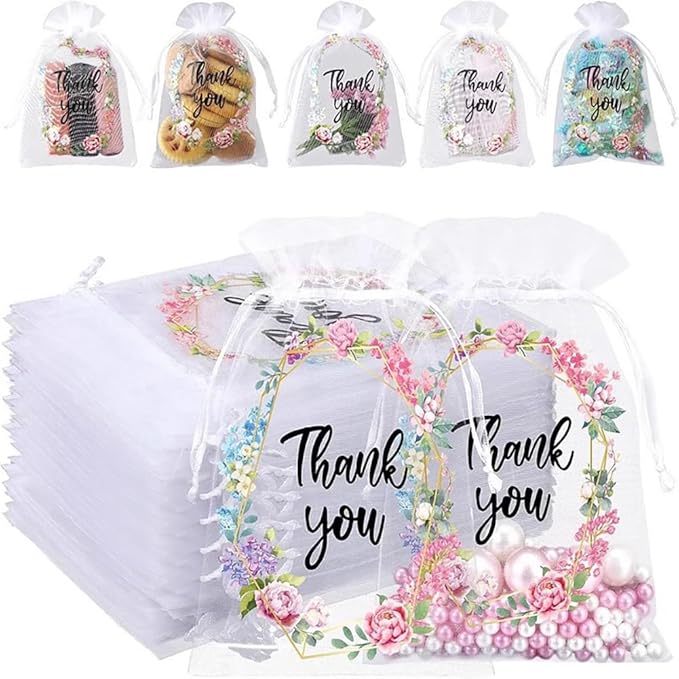 LXKBD 100PCS Organza Gift Bags for Jewelry Easter Party Wedding Favor, 4x6 Inch Thank You White Sheer Drawstring Mesh Pouch Candy Bag