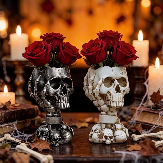 Skull Planter, Gothic Planters for Halloween Decorations Indoor/Outdoor Plants, Goth Flower Pots, Plant Pots, Skull Flower Pot, Plant Pot, Unique Vase with Drainage(Tall Black)
