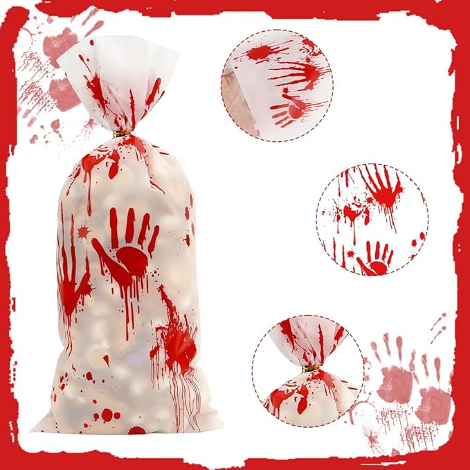 100 PCS Halloween Cellophane Treat Bags(5x11 Inch) with Ties Horror Ghost Blood Theme Trick or Treat Bag Goodie Candy Gifts Bags Pouches for Halloween Wicked Party Favors Supplies Birthday Decorations