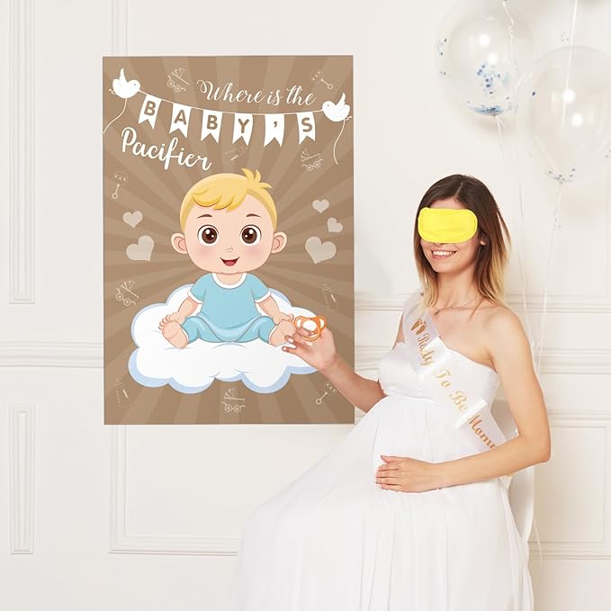 Hxezoc Baby Shower Game Pin The Pacifier On The Baby with 72 Pcs Pacifier Stickers, Large Baby Party Games Poster for Boys Kids Baby Shower Birthday Party Supplies