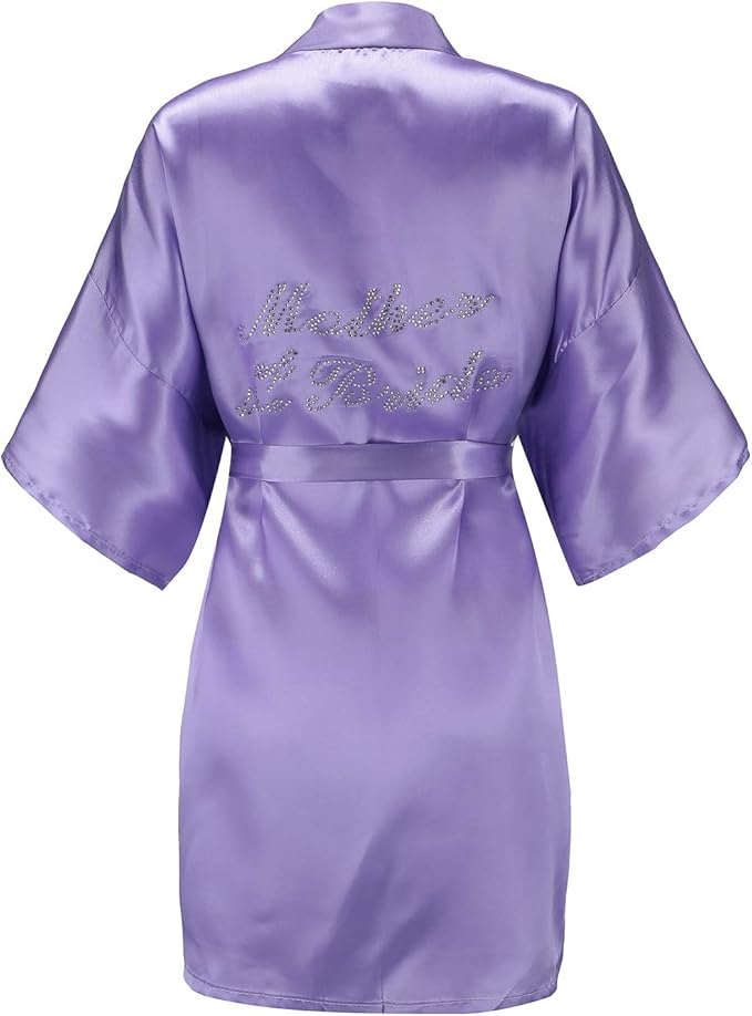 EPLAZA Women's One Size Silver Rhinestones Bride Bridesmaid Short Satin Robes for Wedding Party Getting Ready