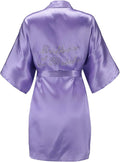 EPLAZA Women's One Size Silver Rhinestones Bride Bridesmaid Short Satin Robes for Wedding Party Getting Ready