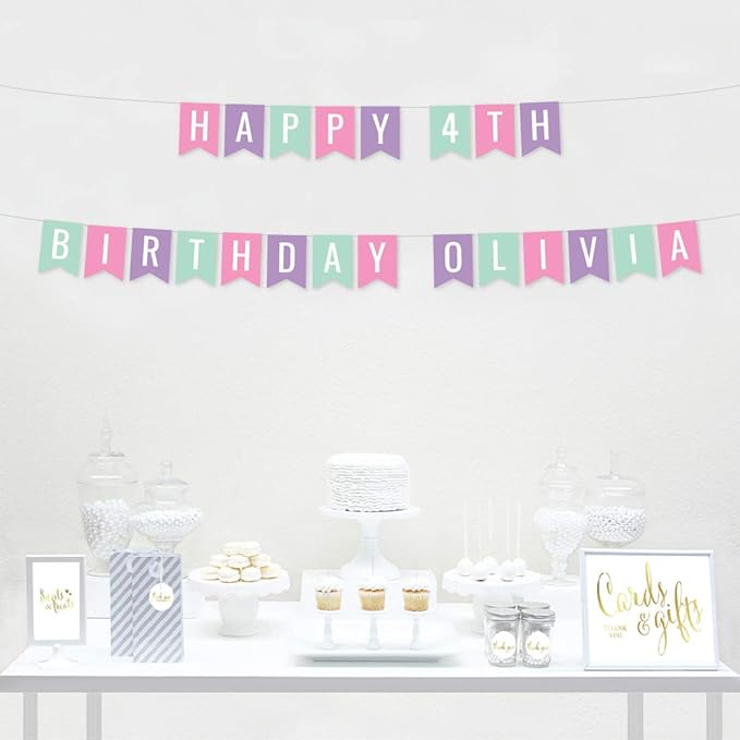 Andaz Press Personalized Hanging Pennant Banner Party Decorations, Pink, Lavender, Seafoam Mint Green, Happy 4th Birthday Olivia, 1-Pack, Approx. 5-Feet, Custom Name and Number