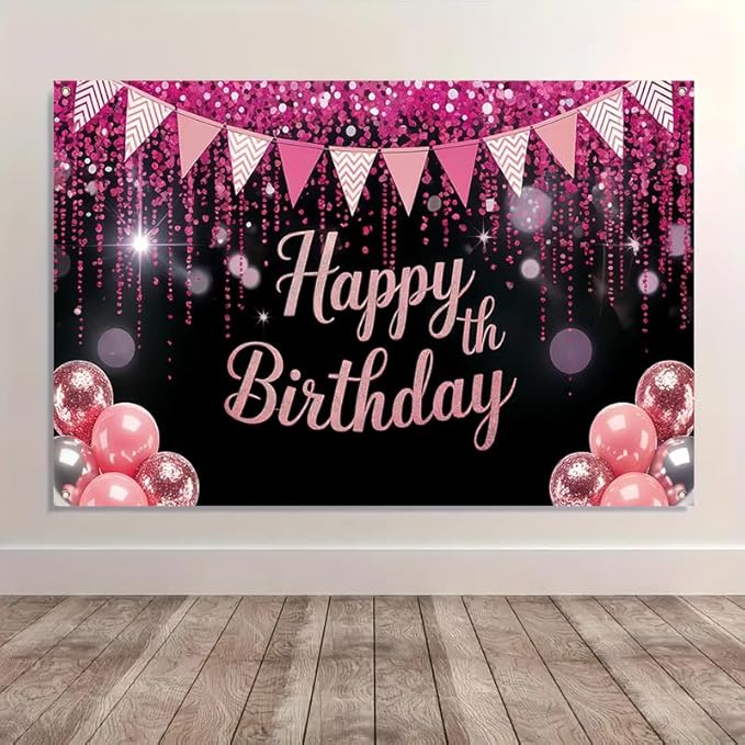 Happy Birthday Banner Pink Glitter Party Decoration Banner 71 x 43 Inch Birthday Celebration Backdrop Wall Hanging Decoration Indoor Party Display