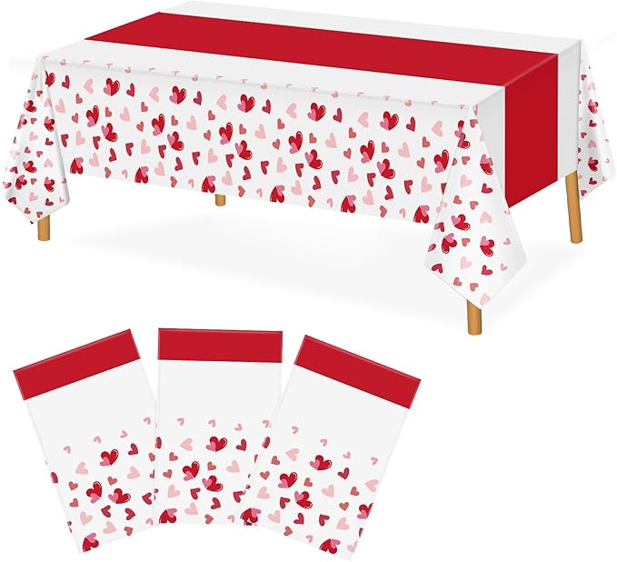 Hxezoc 3 Pack Valentines Day Tablecloths, 54 x 108 Inch Disposable Heart Plastic Table Cover for Girls Kids Valentines Birthday Baby Shower Party Decorations Outdoor Indoor Party Supplies