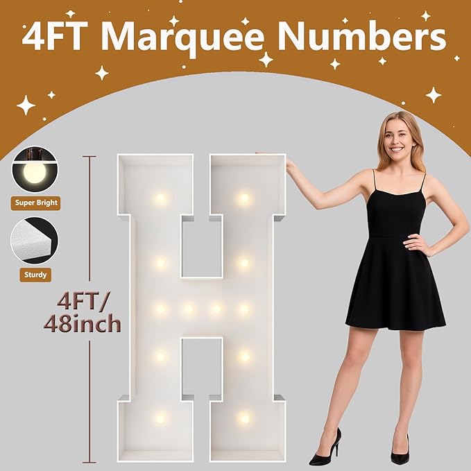 4FT Marquee Light Up Letters, Large Marquee Letters, Pre-cut Foam Board Letter H for Engagement Wedding Decorations Birthday Party Backdrop Decor, Balloon Arch Kit