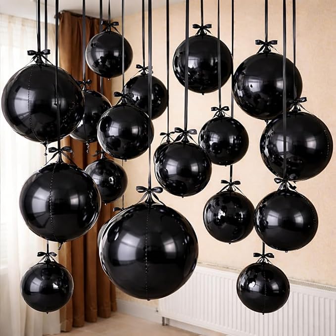 Togvu Black Round Foil Balloons, 12PCS Different Sizes 4D Metallic Balloon Large Black Sphere Mirror Ball Balloons for Prom Graduation Halloween Birthday Party Ceiling Decorations Supplies