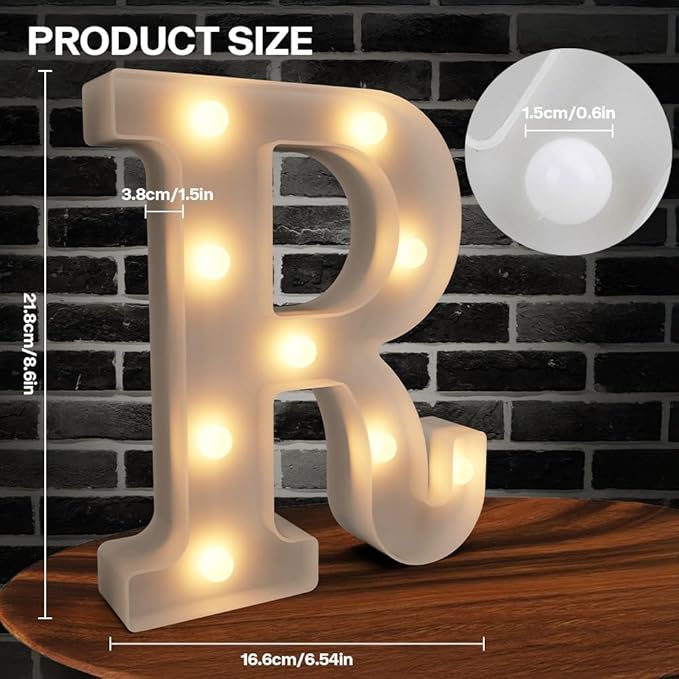 Light Up Letters Marquee, LED Alphabet Sign, White Plastic Battery Powered Night Lights for Parties (R)