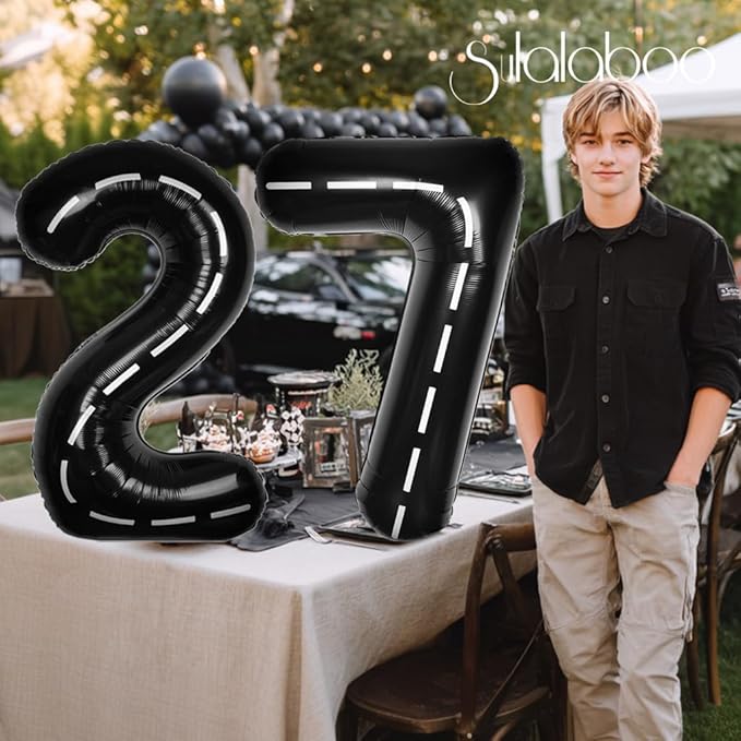 Race Car 40Inch Black 27 Balloon Number Large Helium Race Track 0-9 Giant Digital 27th Foil Mylar Big Party Number Balloons for Boy Birthday Car Theme Party Anniversary Graduation Decorations