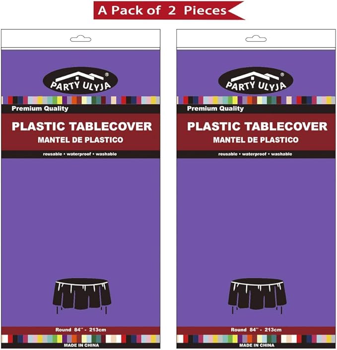 PARTY ULYJA Purple Plastic Tablecloths 2 Pack Disposable Table Covers 84 Inch Circle Bridal Shower PEVA Violet Table Cloths for BBQ Picnic Birthday Wedding Banquet Parties 6 ft Round Table Use