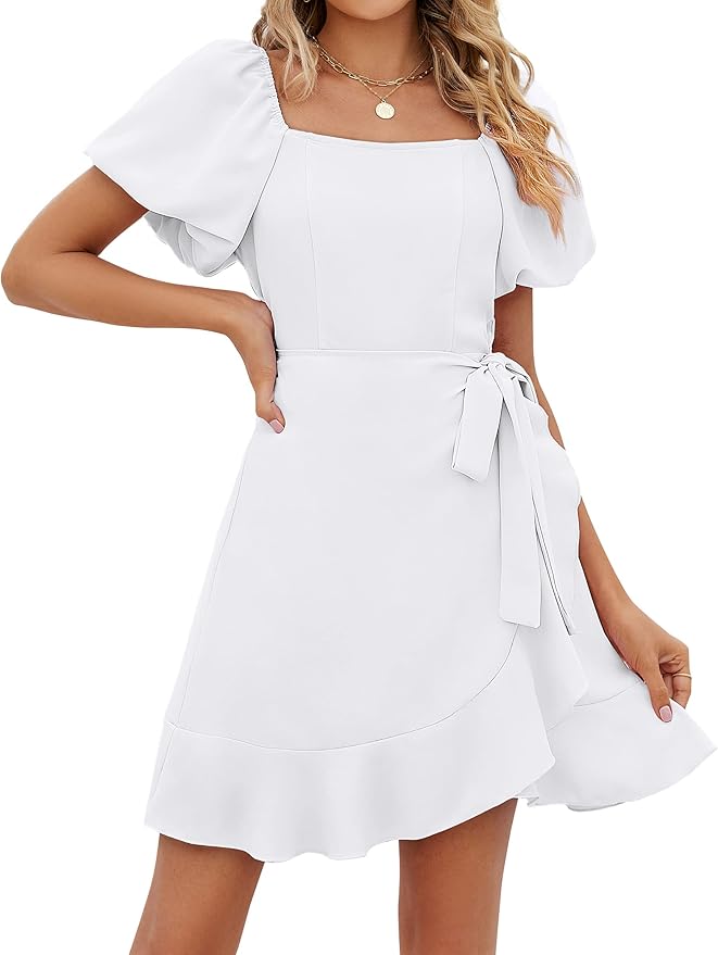 Sampeel Womens Summer Dresses Square Neck Puff Sleeve Tie Waist Short Dress