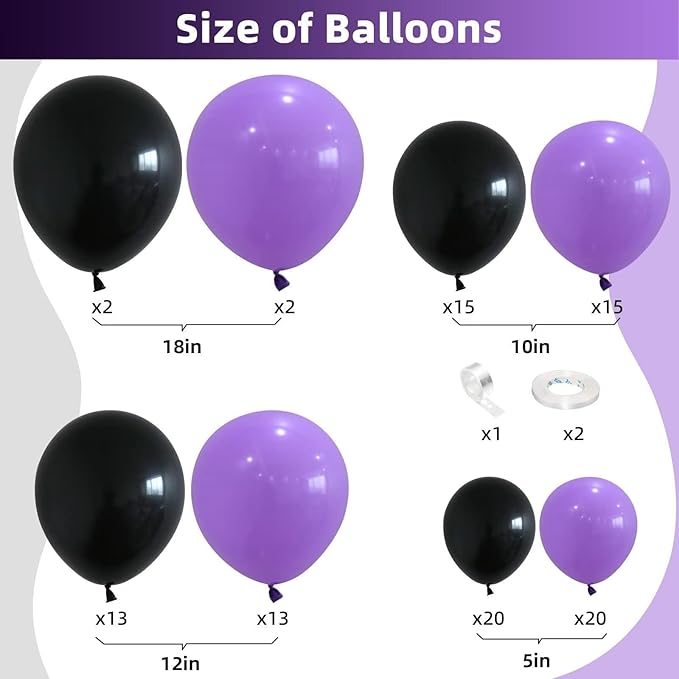 Purple and Black Balloon Garland Arch Kit, Black and Purple Balloon Garland Kit, 100 Pcs Latex Balloons Different Sizes 18/12/10/5 inch for Graduation Wednesday Themed Party Decorations