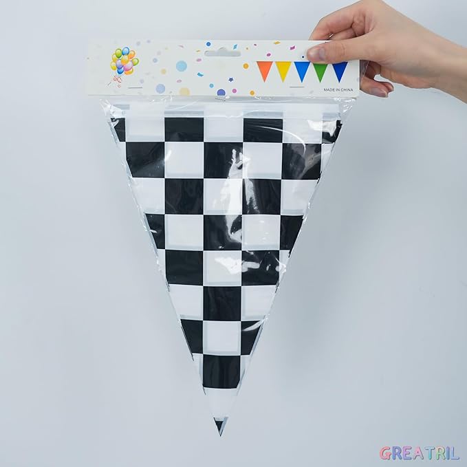 Checkered Pennant Banner Flags - GREATRIL Black White Racing Theme Triangle Bunting for Birthday/Garage/Race Car Party Decorations 4 Strings