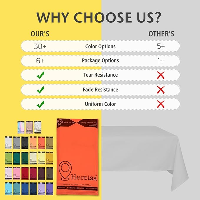 Orange Tablecloth Disposable Plastic Table Cover for Rectangle Tables (24 Pack) Premium Plastic Table Cloths for Parties, Events & Weddings, Indoors/Outdoors, 54"x108"