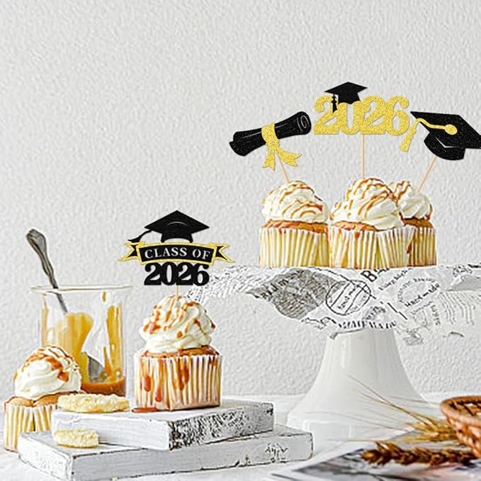 2026 Graduation Cupcake Toppers, 36 pack Gold Glitter Class of 2026 Congrats Grad Diploma Graduation Cap Cupcake Picks for 2026 Graduation Party decorating Supplies