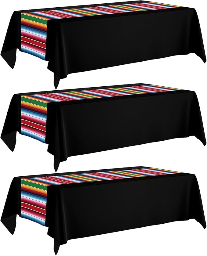 3 Pack Mexican Party Decorations Tablecloths - 108 x 54 Inch Black Fiesta Tablecloth with Serape Stripe for Cinco de Mayo, Taco Twosday Birthday & Outdoor BBQ