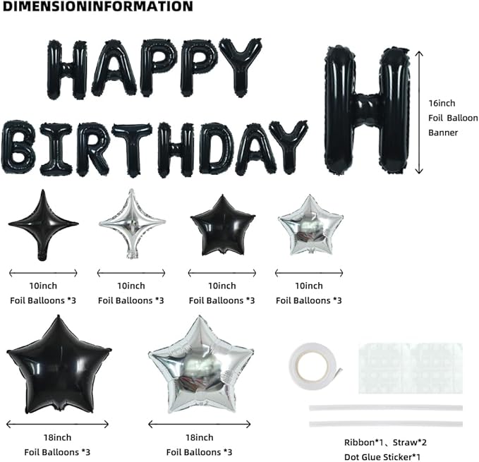 TONIFUL 35PCS Black Happy Birthday Decorations Kit 16 Inch Happy Birthday Balloon Banner with Star Balloons Mylar Foil Birthday Party Decorations Supplies for Men Women Adults Girls Boys Kids