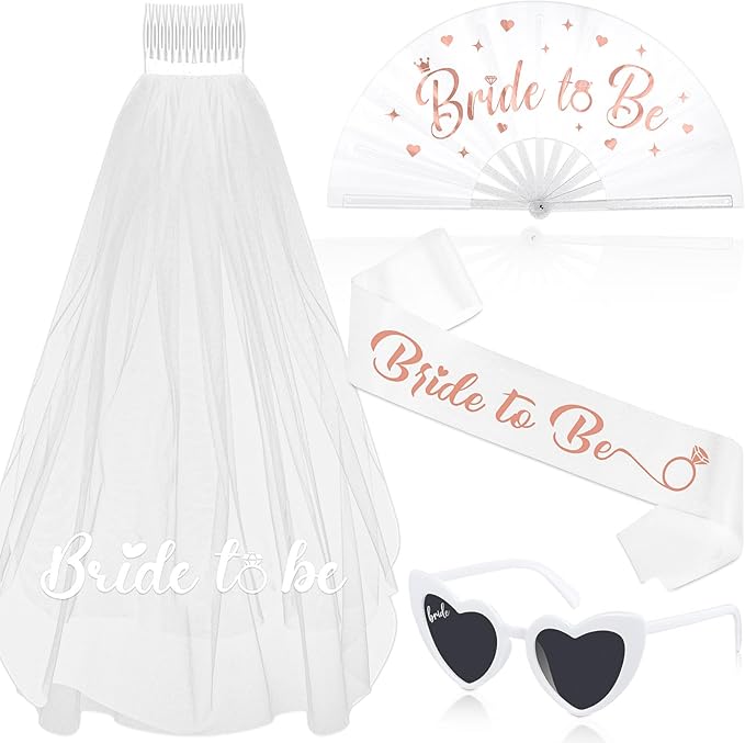 JaGely 4 Pcs Bachelorette Party Decoration Includes Bride to Be Sash and Veil, Glitter Bride Fan and Heart Shaped Sunglasses for Bridal Shower Decorations Bachelorette Party Accessories Favors