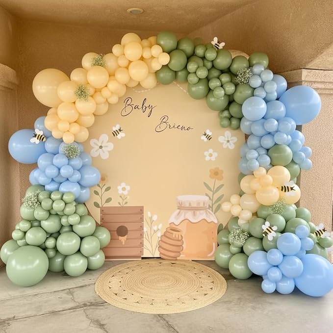 184Pcs Classic Winnie Balloon Garland Arch Kit - Classic Bear Theme Party Decorations with Blue Yellow Sage Green Sand White Balloons for Baby Shower Girl Boy Birthday Party Decorations
