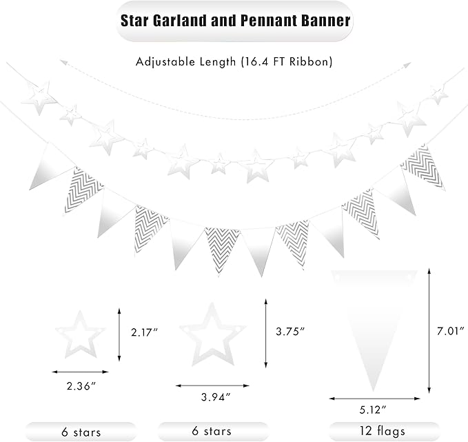 CANREVEL 3 PCS Silver Happy Birthday Banners, Hanging Stars Garland and Pennant Banner Flags, Silver Garland for Silver Party Decorations, Birthday Party Supplies for Women Men Girls Boys Adults