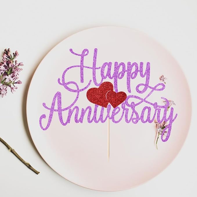 Happy Anniversary Cake Topper - Company Anniversary,Wedding Wedding Anniversary,Birthday Party Selected Decoration Supplies(Purple Red Glitter)