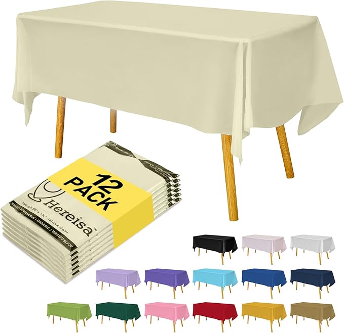 Premium Disposable Table Cloth - 12 Pack, 54 x 108 Inch Table Cloths for Parties, Decorative Tablecloths for Rectangle Tables, Plastic Table Cover, Leakproof & Sturdy, Ivory