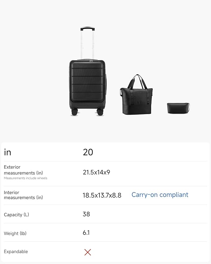 YOETEY Carry On Luggage 22x14x9 Airline Approved, 20" Hardside Suitcase with Front Pocket for Laptop, Lightweight Spinner Luggage with TSA Lock & Matching Tote Bag (3 Piece Sets, Black)
