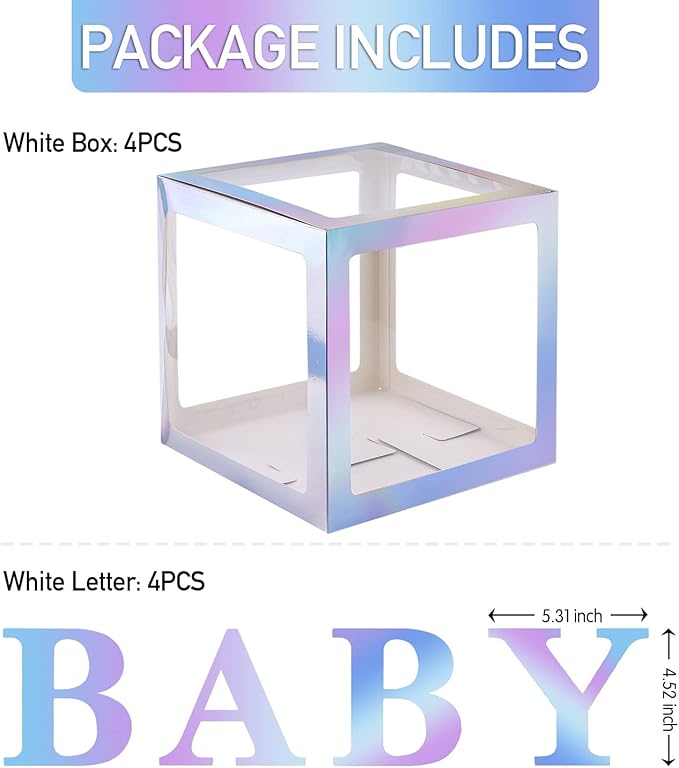 Baby Boxes with 4 PCS Letters for Baby Shower White Clear Balloon Box Blocks Gender Reveal Decorations and Birthday Party (Silver)